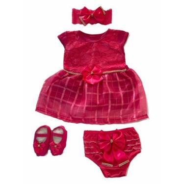 Imagem de Kit Vestido Calcinha Sapatinho Laço Roupa Bebe 0-6 meses 4pc - Lala Lu