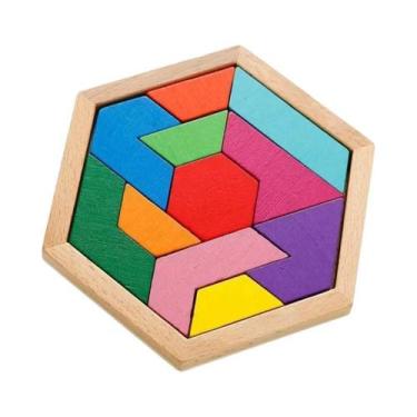 Imagem de Quebra-Cabeça Hexagonal De Madeira Tangram Teste De QI Treinamento Lóg