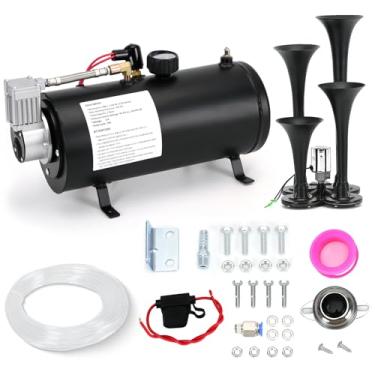 Imagem de PTNHZ Kit de buzinas de trem 150DB bomba de tanque de compressor de ar 12V 150PSI com tanque de 3 litros + trompete de 4 fileiras duplas preto super alto para caminhão, caminhão, barco, motorhome