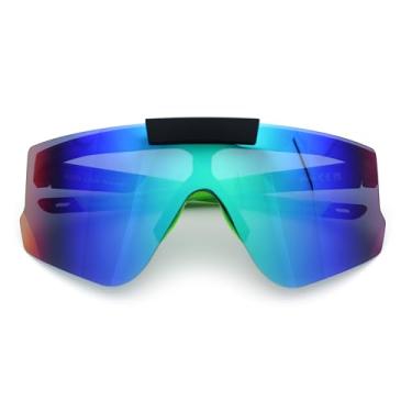 Imagem de Óculos de sol esportivos masculinos polarizados flip up sem aro com escudo grande, Preto e verde - Espelhado azul-petróleo, 5 11/16" (144mm) x 2 5/16" (60mm)