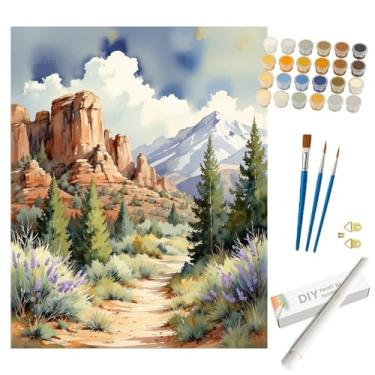 Imagem de Kit de pintura de paisagem de montanha por números para adultos - Pintura DIY Red Rock Canyon e Pine Forest enrolada em tela 40,6 x 50,8 cm, conjunto de tinta acrílica para iniciantes, arte para