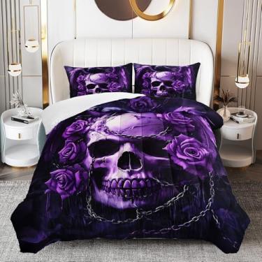 Imagem de AILONEN Conjunto de edredom de caveira roxa 3D, tamanho Queen, esqueleto floral rosa, boêmio, corvo, preto, microfibra, 1 colcha + 2 fronhas, 3 peças
