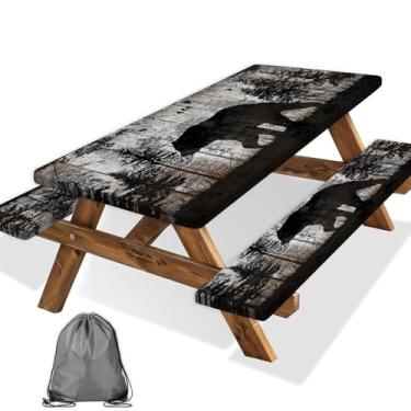 Imagem de Wathon Toalha de mesa de piquenique com capas de banco de 1,8 m, 3 peças, toalha de mesa de acampamento reutilizável, à prova d'água, à prova de óleo, com borda elástica para pátio interno e externo