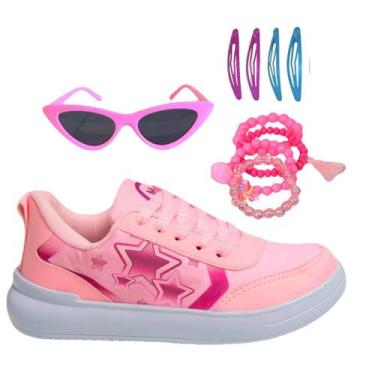 Imagem de Tênis Casual Infantil Feminino Meninas Leve Escolar Rosa +Óculos+Pulse