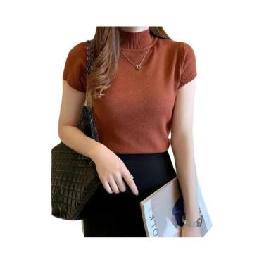 Imagem de Camiseta Feminina De Manga Curta Com Gola Alta Em Cor Sólida Top De Ve