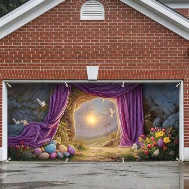 Imagem de Decoração de faixa de porta de garagem, grande decoração de capa de páscoa interna externa para casa, pano de fundo de festa de férias à prova d'água com coelhinho da Páscoa para varanda, quintal