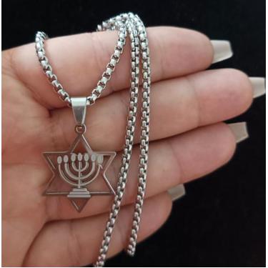 Imagem de Corrente com Pingente  Menorah Estrela Escudo de Davi(Prateado) - Maga