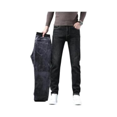 Imagem de Calças Jeans Masculinas De Inverno Em Fleece Quente, Ajuste Slim, Clás