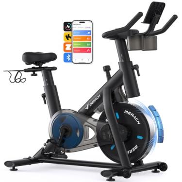 Imagem de MERACH Exercise Bike, Brake Pad/Magnetic Stationary Bike with Exclusive App, Low Noise Indoor Cycling Bike with 270LBS Weight Capacity, Dumbbell Rack and Fitness Courses for Weight Loss
