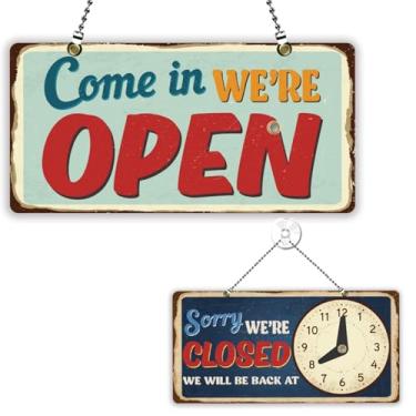 Imagem de PLIGREAT Placas abertas estilo vintage placa dupla face aberta fechada placa de boas vindas para loja de varejo bar cafés janela decoração de parede placa de porta suspensa com corrente, 29 x 14 cm