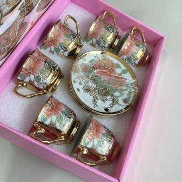 Imagem de Jogo 12 Peças: 6 Xícaras + 6 Pires de Porcelana Premium - Ideal para Café, Elegantes e Práticas para Residência e Bares (FLOR 2)