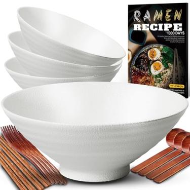 Imagem de YTLEMON Conjunto de 4 tigelas de cerâmica para ramen - Porcelana Japonesa Salada Noodles Cereais Frutas Massa Sopa Tigelas Grandes 4 × 1000 ml 1000 ml com Receitas Pauzinhos, Garfos e Colheres para