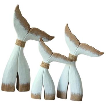 Imagem de MotiveTech Conjunto de 3 Estatuetas de Cauda de Baleia em Madeira - Ideal para Presente de Aniversário, Coleção de Decoração, Enfeite de Mesa ou Escultura de, Marrom Branco