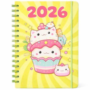 Imagem de Agenda 2026 Espiral Capa Dura com Estampa de Gatinhos Glitter e Elástico Planner Diário 19 x14 cm (Amarela Cupcake)