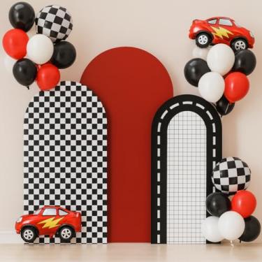 Imagem de Afoloa Conjunto de 3 capas de fundo de arco xadrez tema de corrida chá de bebê capa de elastano arqueada pista de carro meninos festa de aniversário decoração de cerimônia de banquete (1,2 m 1,8 m
