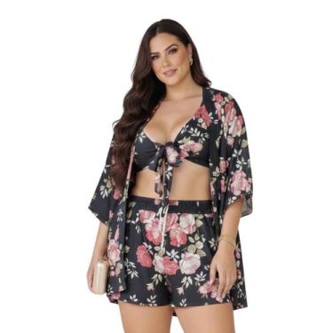 Imagem de Conjunto Kimono Feminino 3 Peças Plus Size Shorts Moda Praia Conjunto 