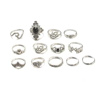 Imagem de 13 Peças Conjunto de Anel Punho Elefante Prateado Vintage Feminino com Pedras Pretas Acessórios Jóias para Estilo Punk Individualidade