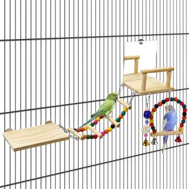 Imagem de BNOSDM Periquito de madeira 6 em 1 com plataforma de poleiro para pássaros com espelho, escada de escalada, acessórios para gaiola de pássaros para papagaios, periquitos, conures, tentilhões