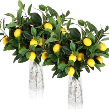 Imagem de Giegxin 12 ramos artificiais de limões de árvores, 45,7 cm, caules de vegetação sintética, decoração realista de limão, planta de frutas falsas para casa, cozinha, mesa de jantar, decoração