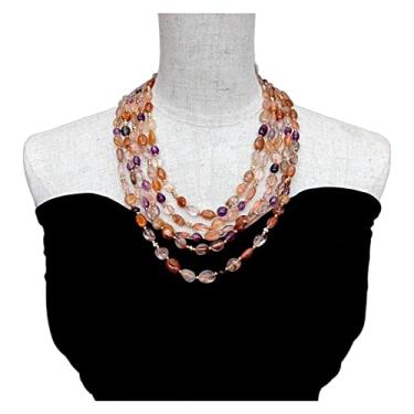 Imagem de DWBPGVUN Colar de 48 a 66 cm, 5 fileiras de pedras preciosas, quartzo rutilado, dourado, ametista roxa, joias, presentes