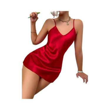 Imagem de Camisola De Cetim Com Estampa De Lábios Vermelhos, Decote Em V, Costas