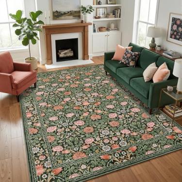 Imagem de GarveeHome Tapete verde escuro vintage floral lavável 12 x 18 cm para sala de estar, boho, botânico, retrô, resistente a manchas, tapete antiderrapante para quarto, berçário, sala de jantar