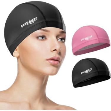 Imagem de COOLMATE Pacote com 2 toucas de natação de tecido para mulheres adultas e homens, camada de silicone resistente à água, touca de natação de tecido presentes para nadadoras, leve e confortável (2 peças