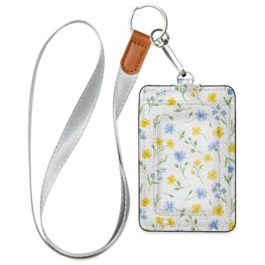 Imagem de Burbuja Porta-crachá de couro com cordão, etiqueta de identificação de flores com 1 janela transparente para identidade e 2 compartimentos para cartão para escritório, enfermeira, professor, médico