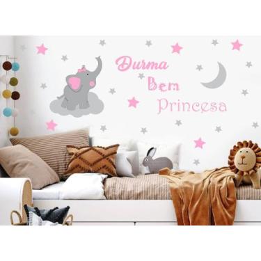 Imagem de adesivo de parede decoração quarto de meninas elefante frase lua nuvem