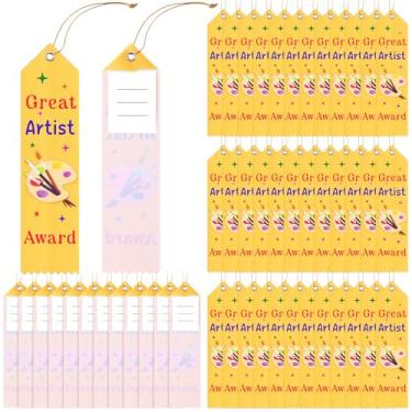 Imagem de Tingjoo 50 fitas de grande artista 20 x 5 cm fitas amarelas com cartões e cordas conjunto de menção honrosa para prêmios de medalha de arte para prêmios de participação em competições de times