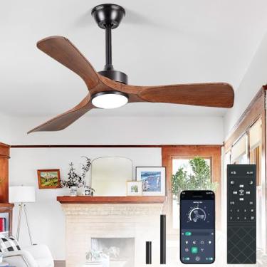 Imagem de BvenuBigLite Ventiladores de teto com luzes e controle remoto: Ventilador de teto de 106 cm 3 lâminas de perfil baixo ao ar livre - Ventiladores de teto de nogueira com controle remoto de aplicativo