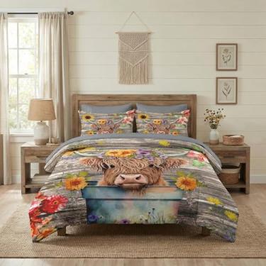 Imagem de WeCozy Jogo de edredom casal com 7 peças, 2 fronhas e 2 fronhas, flor de vaca highland para crianças e adultos, cama de desenho animado fofo feliz em uma bolsa com lençol de cima