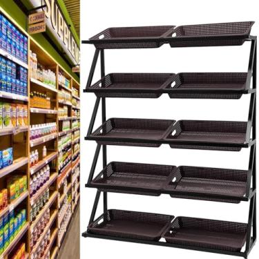 Imagem de Prateleira comercial de vegetais de 5 camadas, prateleira de exibição de frutas de supermercado para lanches, batatas e cebolas - suporte de exibição de varejo marrom durável para supermercados