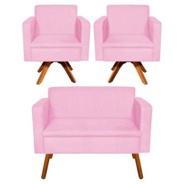 Imagem de Kit 01 Namoradeira e 02 Poltronas Giratória Emília Suede Base Madeira 
