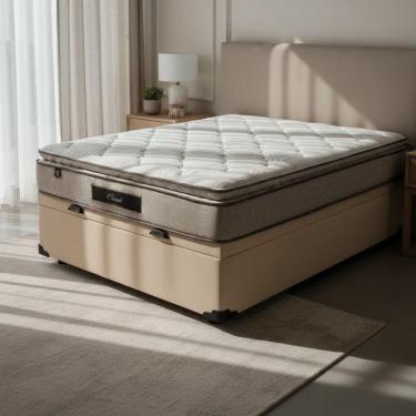 Imagem de Cama Box Baú Casal Suede + Colchão Cloud Pillow Top Molas Ensacadas Luckspuma 138x188x74 Bege