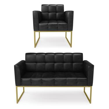 Imagem de Kit 1 Sofá Namoradeira e 1 Poltrona Elisa Corano Preto Base Metálica Industrial Dourado D03 - D'Rossi