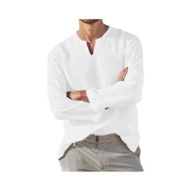 Imagem de Camisa Casual Masculina De Algodão E Linho Com Decote Em V E Manga Lon