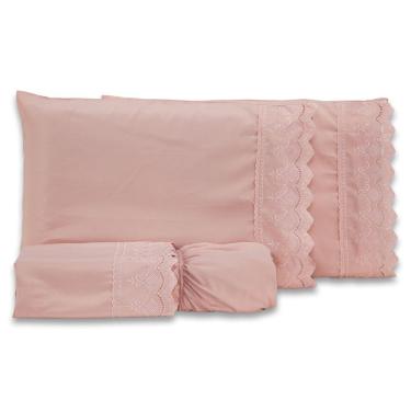 Imagem de Jogo De Cama Lençol Queen Sublime Bordado Inglês Percal 300 Fios Com Fronhas 04 Peças - Toque Acetinado Cor Rosê