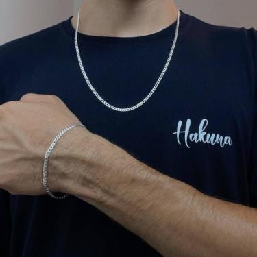 Imagem de Kit Pulseira e Corrente Grumet Escamada Prata 925 Legítima Maciça Orig