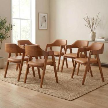 Imagem de Kit 6 Cadeiras de Jantar Estofadas em Madeira Maciça e material sintét