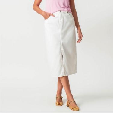 Imagem de Saia Midi Jeans Color Reta Fenda Frontal Branca - Bloom Jeans, Branco,
