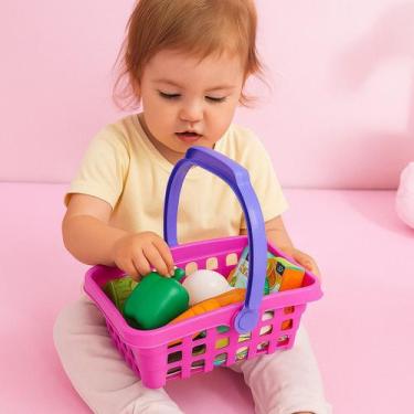 Imagem de Cesta Supermercado Brinquedo Feirinha Frutas Rosa Menina Faz Conta Pre