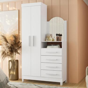 Imagem de Guarda Roupa Solteiro Cômoda Georgia 2 Portas 4 Gavetas MDP-MDF com Espelho Branco CasaH