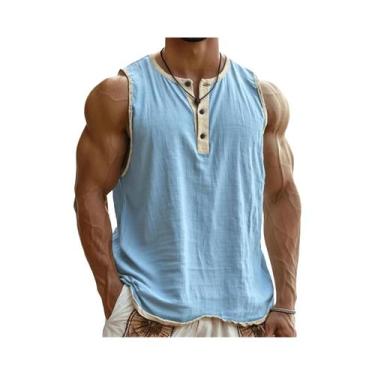 Imagem de Camiseta Sem Mangas Masculina Leve E Respirável Com Gola Henley Casual