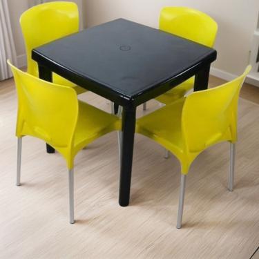 Imagem de Conjunto Mesa Quadrada e 4 Cadeiras com Pés de Alumínio Estrutura em Plástico Assentos Confortáveis Empilhável Preto
