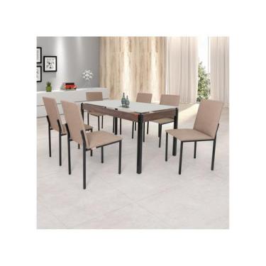 Imagem de Mesa de Jantar de Aço com Madeira e Tampo de Vidro 6 Cadeiras Retangul