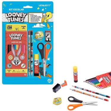 Imagem de Kit escolar lapis de cor 12 cores looney tunes caixa leoeleo - LEO & L