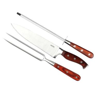 Imagem de Conjunto Faca 8" + Garfo + Chaira Aço Inoxidável Steel - Mor