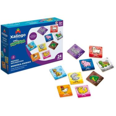Imagem de Jogo de Memória Animais de Madeira 24 Peças Educativo em 3 Idiomas Xalingo Brinquedos