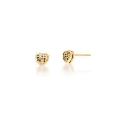 Imagem de Brinco Coração com Cravação Colorida Banhado a Ouro - 8mm - VIDIÈ